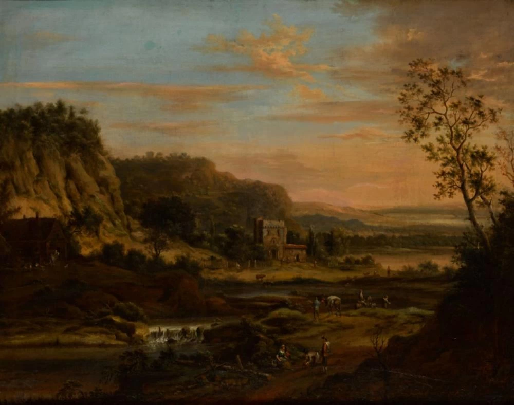 Johann Christian Vollerdt - Contadini su una strada lungo un fiume in un paesaggio renano